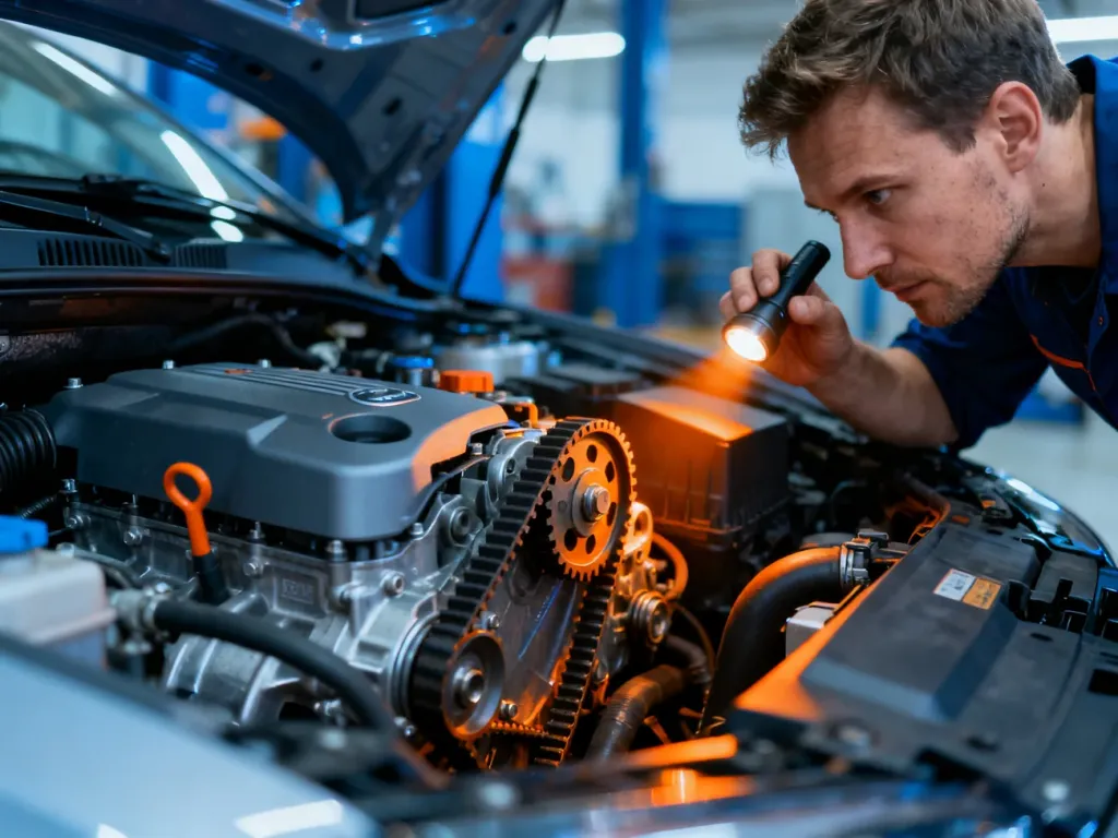 Mechanik sprawdza układ rozrządu w silniku Ford 1.0 EcoBoost przy użyciu latarki.