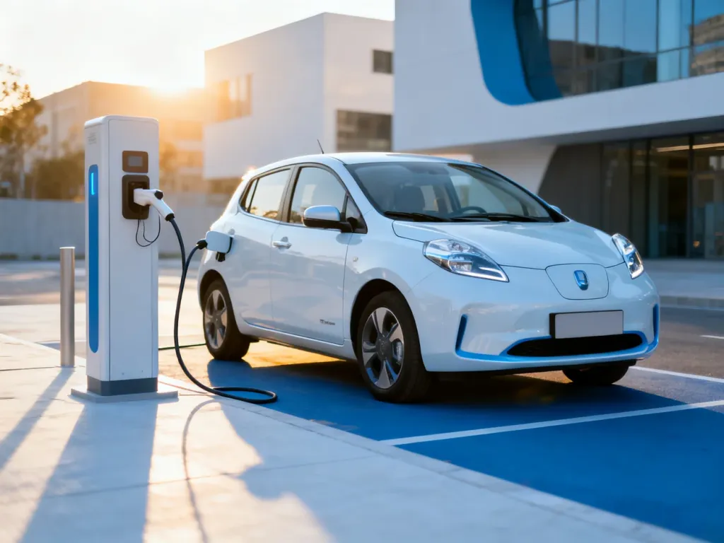 Nowoczesny samochód elektryczny podłączony do stacji ładowania w miejskim otoczeniu w świetle poranka.
