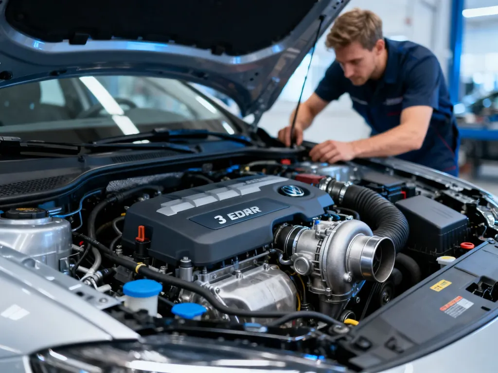 Otwarta maska srebrnego hatchbacka z widocznym silnikiem 1.0 EcoBoost oraz mechanikiem w tle.