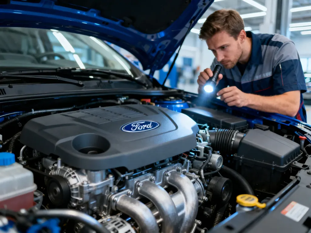 Mechanik z latarką sprawdza stan silnika benzynowego w nowoczesnym Fordzie Focusie w profesjonalnym warsztacie.