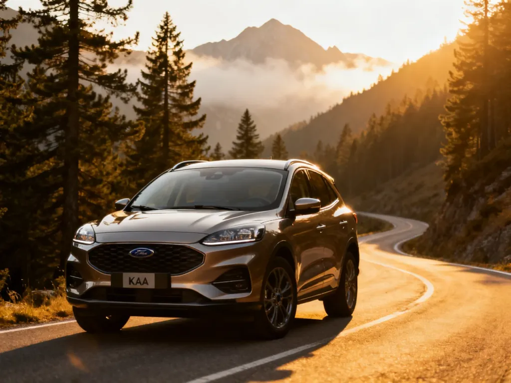 Nowoczesny Ford Kuga zaparkowany na malowniczej, górskiej drodze w blasku zachodzącego słońca.