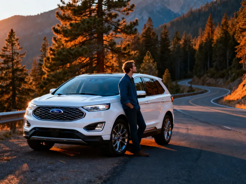 Biały Ford Edge zaparkowany na malowniczej górskiej drodze podczas zachodu słońca, z kierowcą podziwiającym widoki.