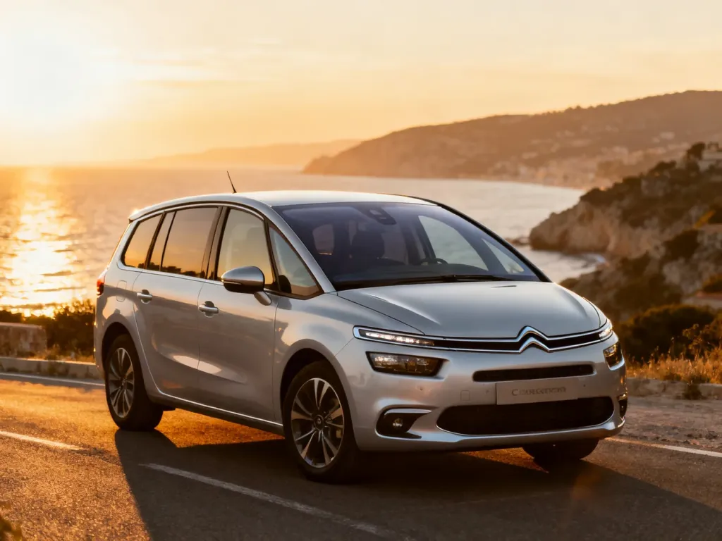Srebrny Citroen C4 Grand Picasso zaparkowany na malowniczej nadmorskiej drodze w świetle zachodzącego słońca.