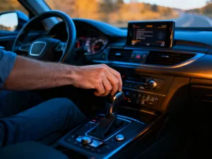 Wskazówka prędkościomierza w czerwonym polu oraz zaniepokojony kierowca na autostradzie, ilustrujący ryzyko przekroczenia prędkości.