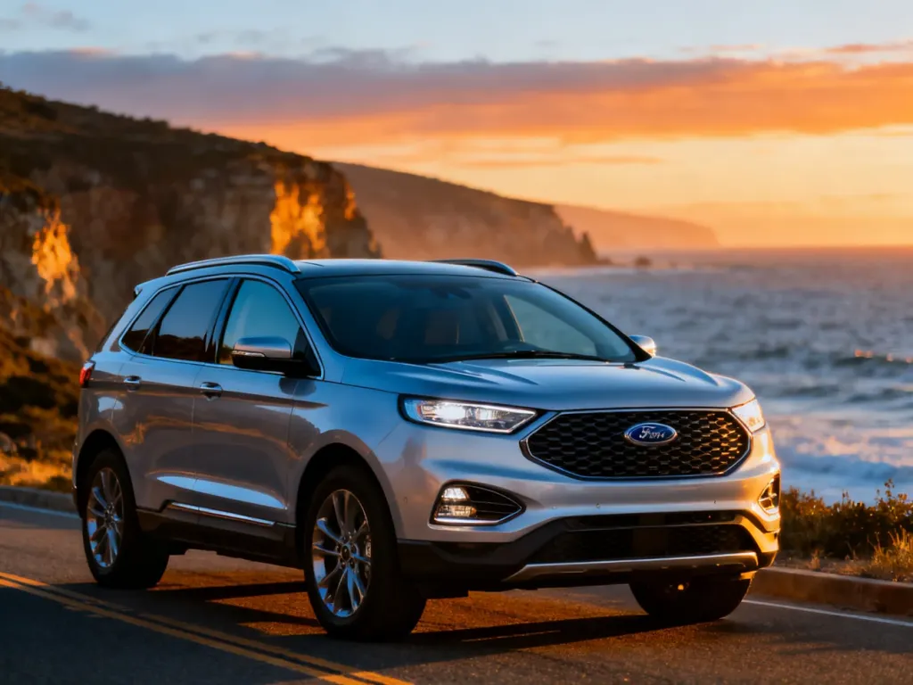 Srebrny Ford Edge zaparkowany na nadmorskiej drodze podczas zachodu słońca, podkreślający nowoczesny design SUV-a.
