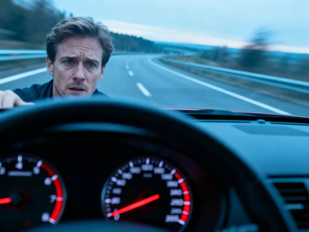 Wskazówka prędkościomierza w czerwonym polu oraz zaniepokojony kierowca na autostradzie, ilustrujący ryzyko przekroczenia prędkości.