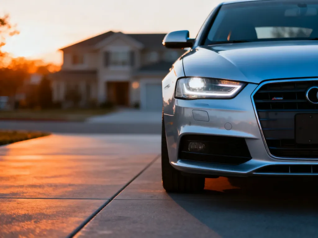 Srebrne Audi A4 B8 zaparkowane na podjeździe w świetle zachodzącego słońca, podkreślające detale przedniego reflektora i grilla.