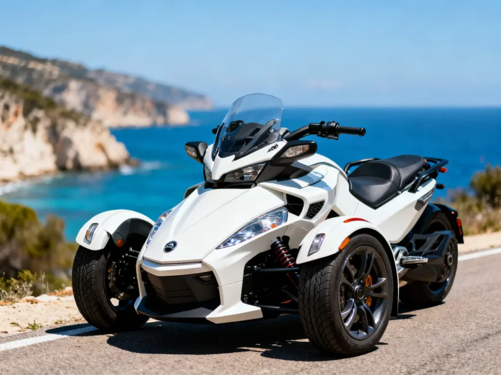 Nowoczesny motocykl trójkołowy zaparkowany na malowniczej nadmorskiej drodze z widokiem na ocean.
