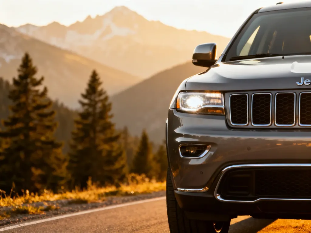 Nowoczesny Jeep Grand Cherokee zaparkowany na malowniczej górskiej drodze w świetle zachodzącego słońca.