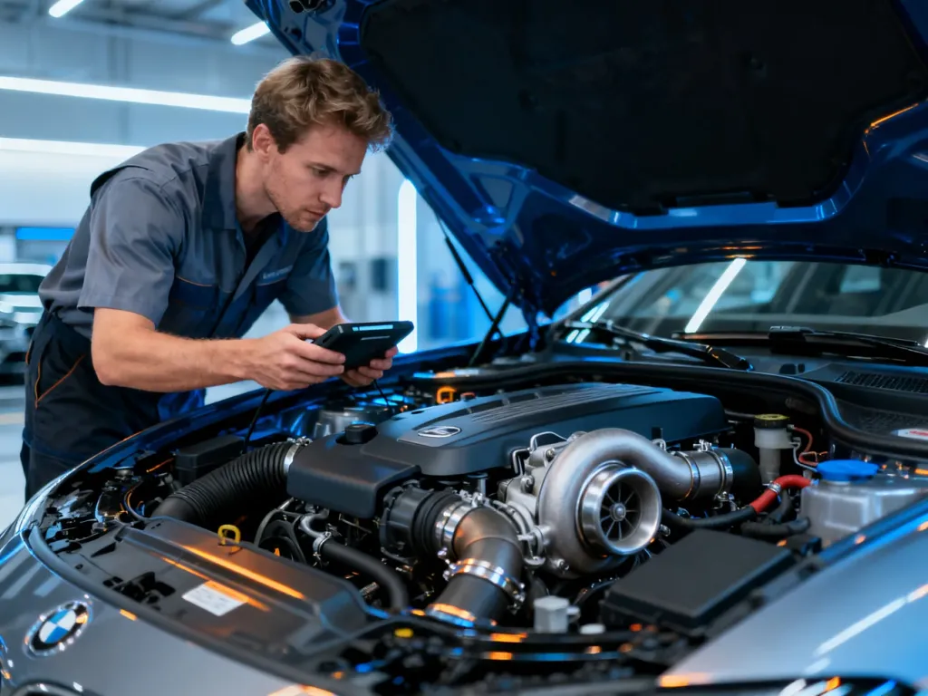 Mechanik dokonujący diagnostyki silnika 1.5 TDCi w nowoczesnym warsztacie samochodowym.