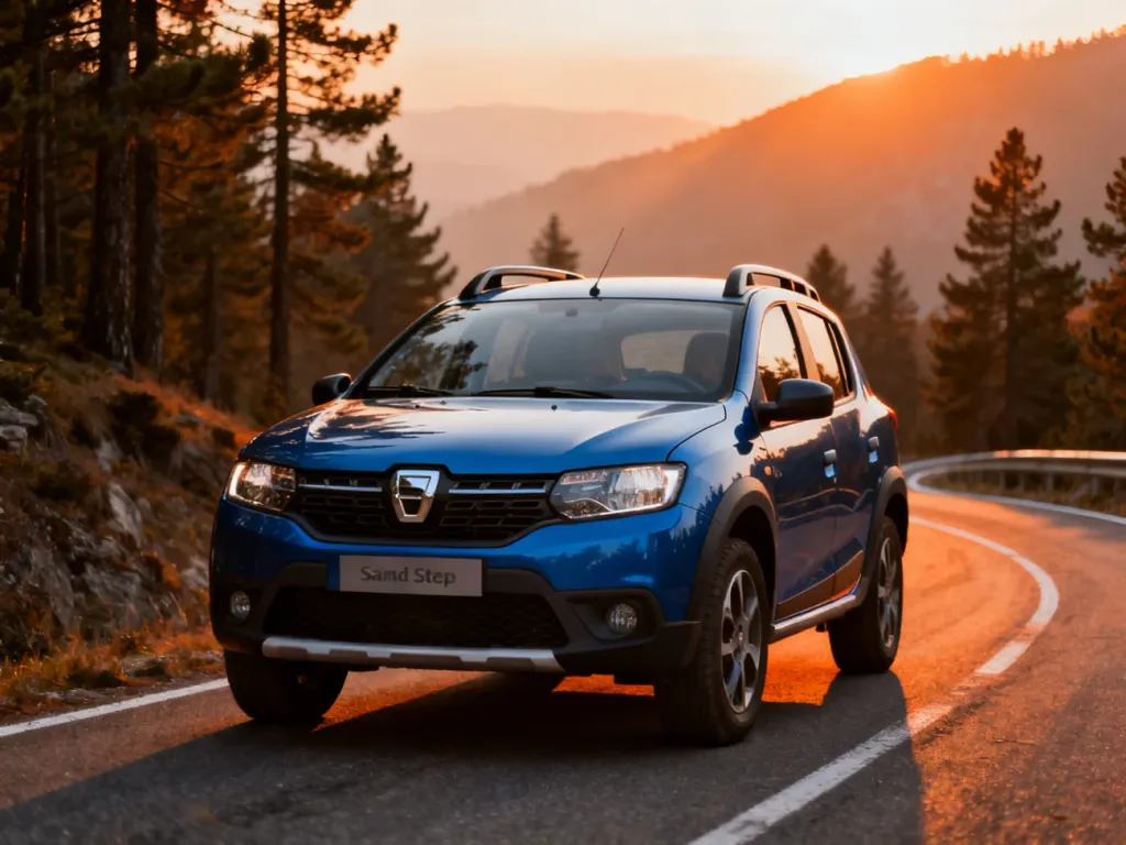 Dacia Sandero Stepway zaparkowana na górskiej drodze w świetle zachodzącego słońca, podkreślająca terenowy charakter auta.