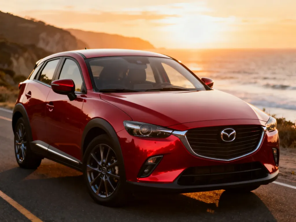 Czerwona Mazda CX-3 zaparkowana na malowniczej nadmorskiej drodze podczas zachodu słońca.